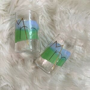 Pair! M m {Anthro} Art Deco Juice Glasses | Green Blue Gold Initial Tumbler Set